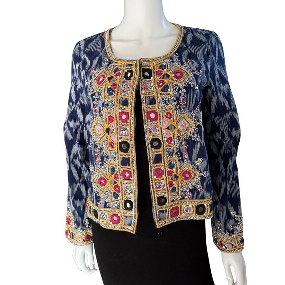 Calypso St. Barth Navy Akillna Ikat Jacket With Colorful Embroidered Mirror Deta - Picture 2 of 11